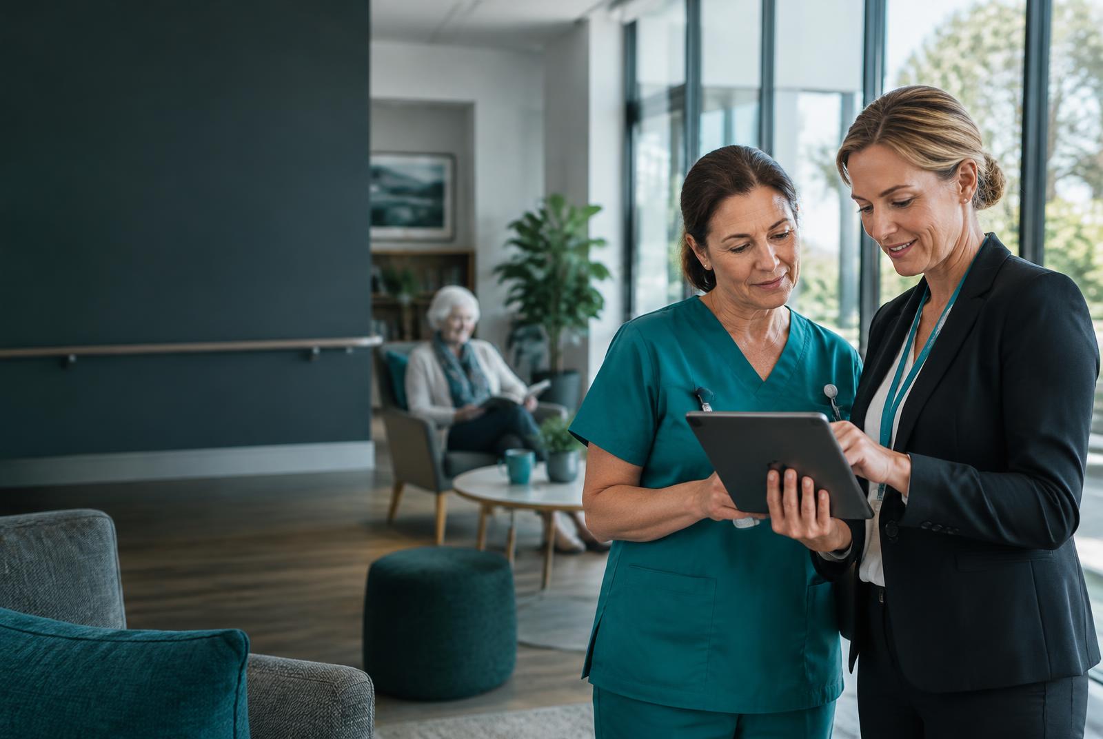 Aged care manager and nurse reviewing operational data